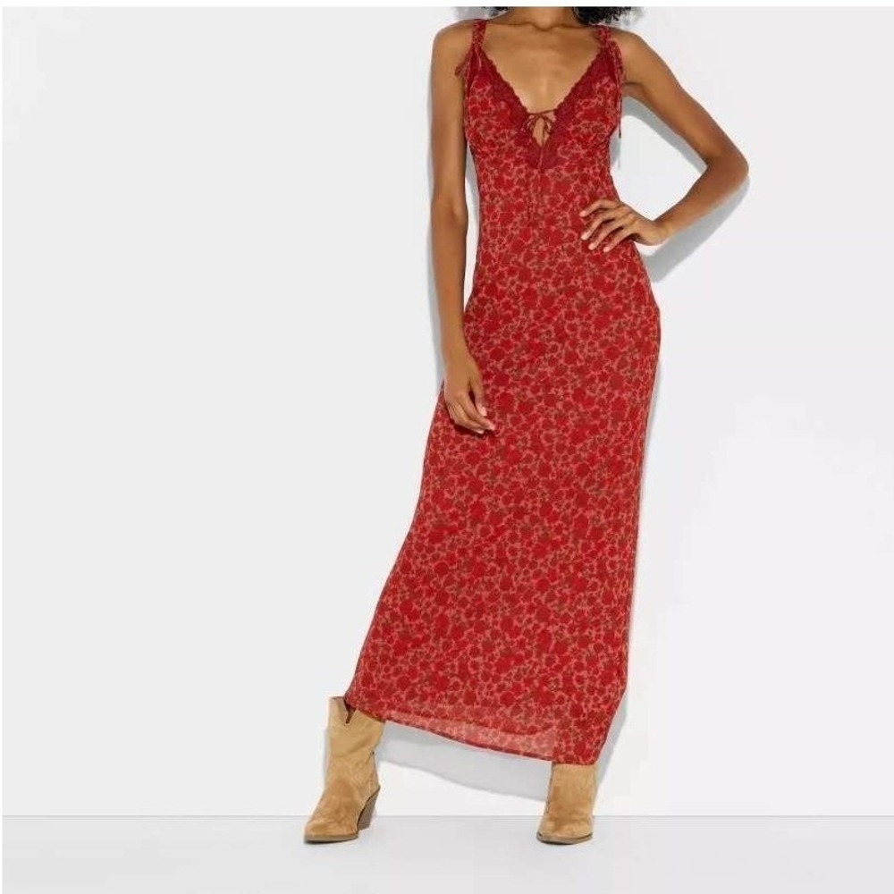 Red Floral Lace Trim Maxi Slip Dress M Babydoll‎ Tie Romantic Whimsigoth Boho